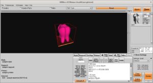 Abbildung 1: Ein dreidimensionales Objekt in einem Slicer (hier Kisslicer). Im Programmfenster unten rechts sehen Sie den Gcode f&uuml;r eine Ebene des Objekts.