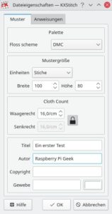 Abbildung 1: Die Einstellungen von KXStitch. Der <span class="ui-element">Cloth Count</span> gibt die Anzahl der Stiche pro Zentimeter im Stoff an.