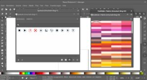 Abbildung 1: Inkscape mit dem Symboldialog und den entsprechenden Symbolen für die Anweisungen an Stickmaschinen. Rechts sehen Sie die Farbfeldpaletten mit einer der 69 vorhandenen Paletten für Garne verschiedener Hersteller.