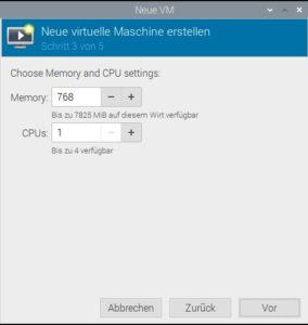 Abbildung 4: Im dritten Schritt geben Sie das RAM und die Zahl der CPU-Kerne für die VM vor.