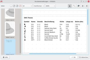 Abbildung 6: Der Druckdialog von KXStitch verteilt das Projekt auf mehrere Seiten und erstellt eine Übersicht der verwendeten Garne. Das Programm errechnet auch gleich, wie viel Sie von welchem Garn benötigen.