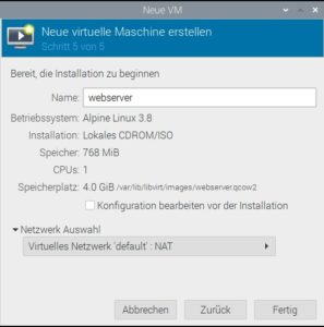 Abbildung 6: Im letzten Schritt stellt der Virtual Machine Manager noch einmal alle Einstellungen dar. Ein Klick auf <span class="ui-element">Fertig</span> erzeugt die VM.