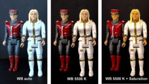 Abbildung 8: Ein Vergleich zwischen automatischem und manuellem Weißabgleich am Beispiel der Captain-Scarlet-Figuren.