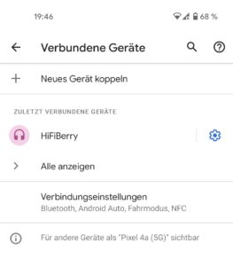 Abbildung 7: Um Android&nbsp;11 mit dem HiFiBerry&nbsp;OS bekannt zu machen, w&auml;hlen Sie in den Einstellungen <span class="ui-element">Verbundene Ger&auml;te</span> und <span class="ui-element">Neues Ger&auml;t koppeln</span>.