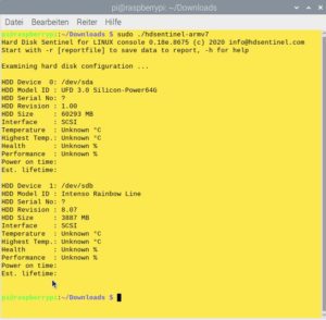 Abbildung 1: HDSentinel listet die gefundenen Datenträger tabellarisch im Terminal auf.