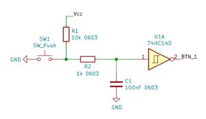 Abbildung 2: Durch einen RC-Lowpass-Filter (<span class="ui-element">R2</span>, <span class="ui-element">C1</span>) sorgt diese Schaltung f&uuml;r eine Entprellung.