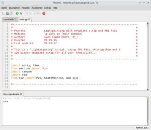Abbildung 6: Die einfach aufgebaute Entwicklungsumgebung Thonny mit dem Quellcode des Projekts.