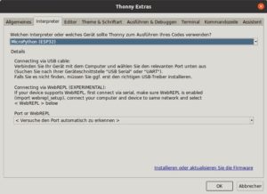 Abbildung 3: Die Einstellungen für den Firmware-Upload; hier als Beispiel die Settings für Ubuntu.