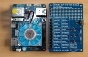 Abbildung 6: Der Odroid&nbsp;XU4 mit Adapterplatine. Von den Abmessungen und der Leistung her entspricht er weitgehend dem RasPi&nbsp;3.