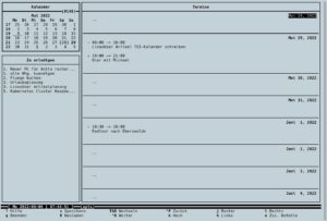 Abbildung 6: Calcurse mit einer angepassten Anordnung der Bedienfelder. Die Bereiche <span class="ui-element">Kalender</span> und <span class="ui-element">Zu erledigen</span> sind nach links gerückt, zudem wurde die Farbgebung auf schwarz-weiß reduziert.