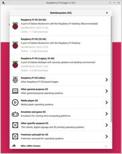 Abbildung 1: Der Raspberry Pi Imager erleichtert die Auswahl des Betriebssystems sowie dessen Vorkonfiguration und Installation mit sinnvollen Vorgaben.