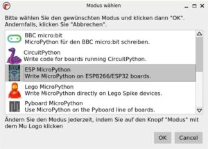 Abbildung 2: Zum Umstellen auf den ESP32 genügen in Mu wenige Mausklicks.