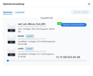 Abbildung 4: Die Speicherverwaltung zeigt das neue Laufwerk und bietet an, es virtuell mit dem internen Laufwerk zusammenzuführen.