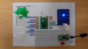Abbildung 6: Der vollständige Testaufbau besteht aus einem Pi Pico, einem modifizierten Breadboard und dem LED-Würfel.