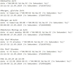 Abbildung 2: Einige Beispiele für das Rechnen mit dem Kommando <code>date</code>.