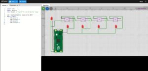 Abbildung 4: Ein Beispiel für einen 4-Bit-Zähler mit einem Pi Pico als Taktgenerator.