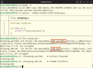 Abbildung 7: Dank Qemus User Space Emulator laufen für den PC übersetzte Programme auf dem RasPi.