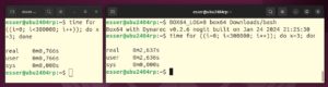 Abbildung 8: In der x86_64-Version der Bash (rechts) benötigt die Schleife dreimal so viel Zeit wie in der nativen Version.