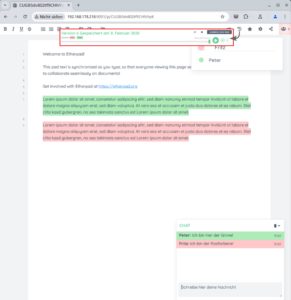 Abbildung 3: In Etherpad können mehrere Benutzer gleichzeitig tippen, der Text ist für alle sichtbar. Wichtige Features sind die Dokumentenhistorie und die Chat-Funktion.
