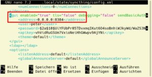 Abbildung 7: Installieren Sie Syncthing auf einem Rechner ohne Bildschirm, müssen Sie für den Remote-Zugriff auf das Webfrontend dessen Adresse in der Konfigurationsdatei auf <code>0.0.0.0</code> setzen.